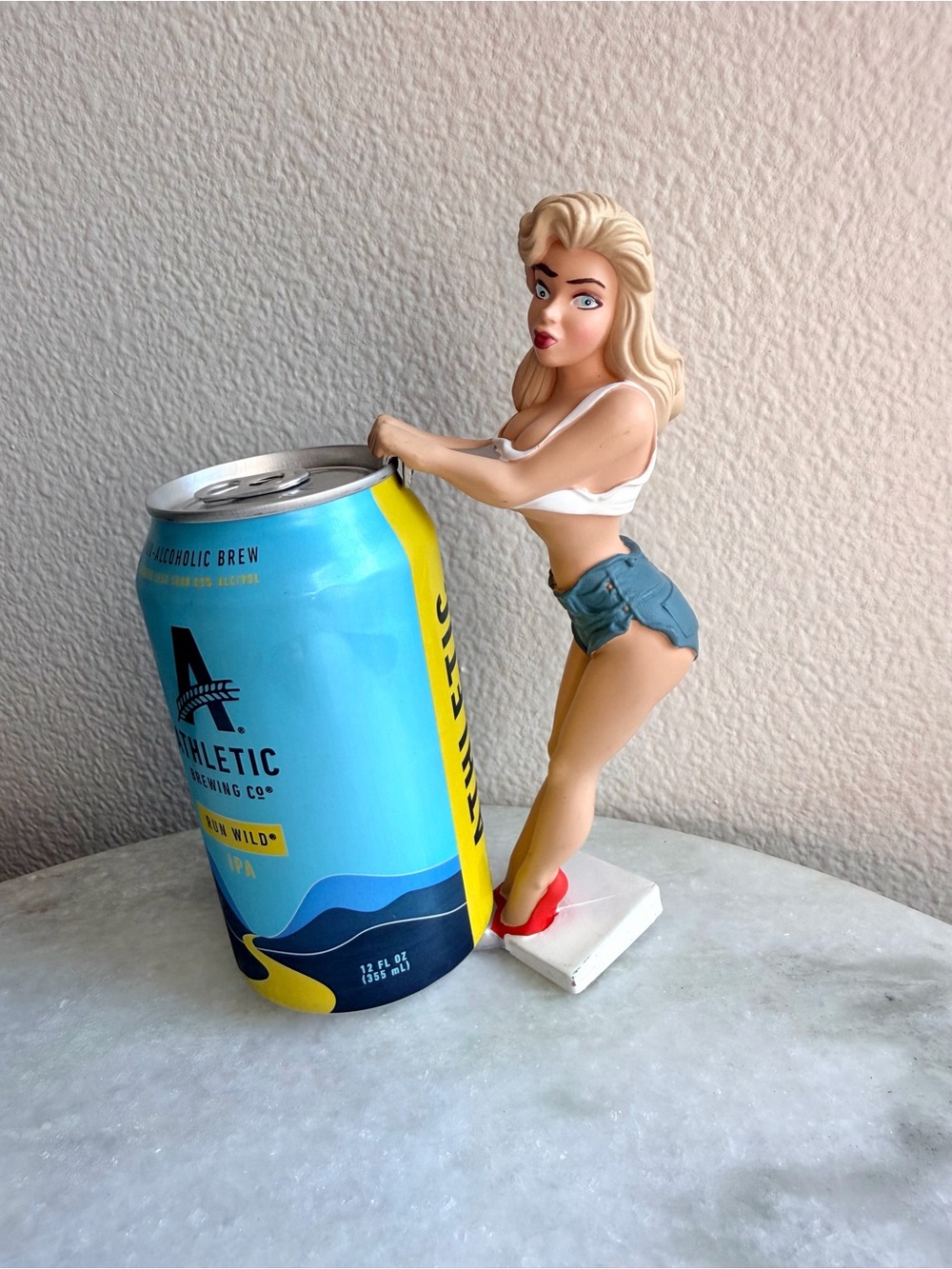 Bottoms Up R Demars Ganz Soda Beer Can 7" Holder Blonde in Daisy Duke Shorts